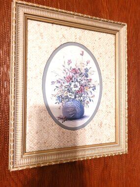Mary Kendrick Canadian Artist Framed Print  Wildflowers in Blue Vase Oval Mattin